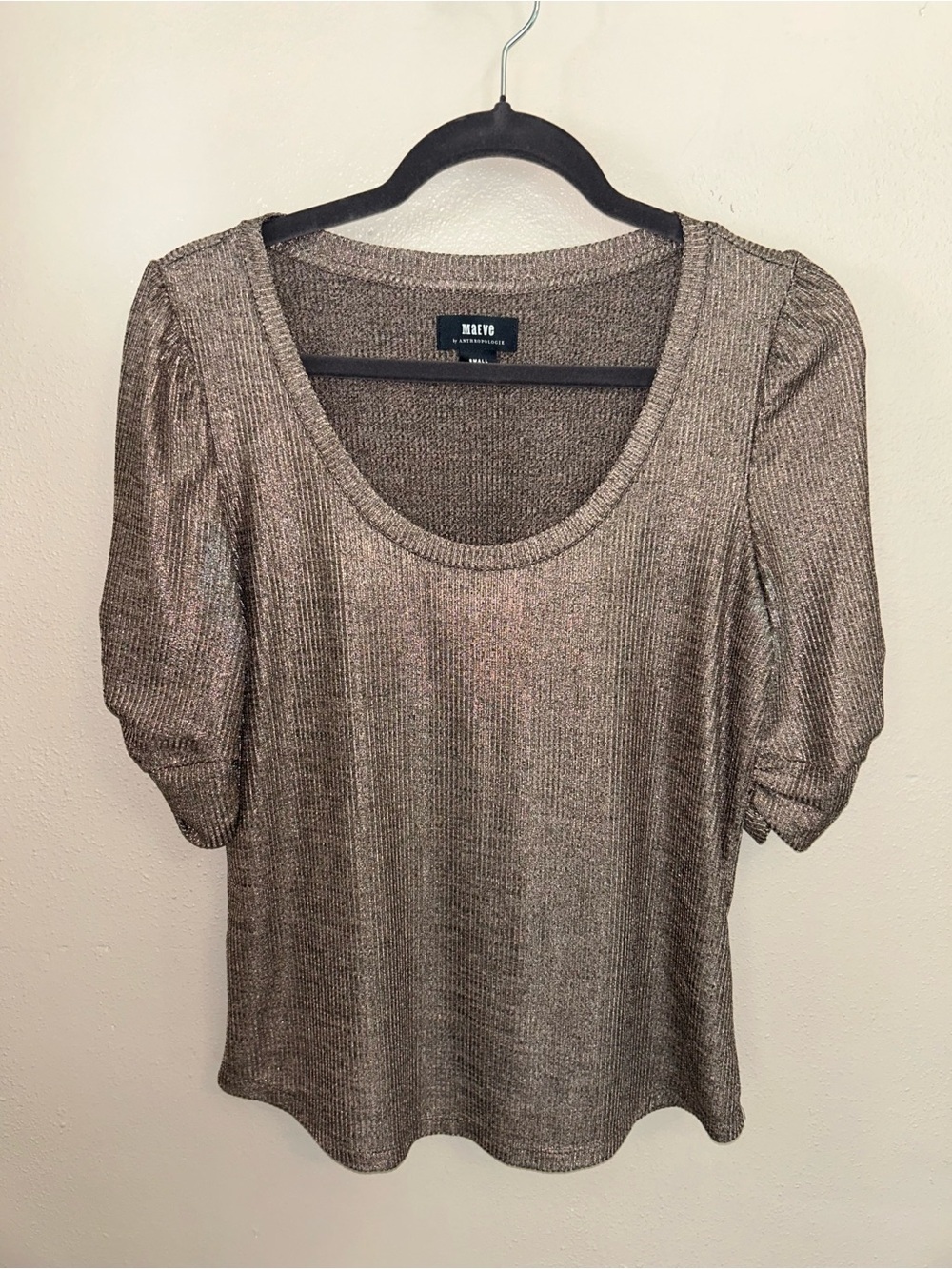 Mauve Metallic Bronze ribbed Scoop Neck Puff Sleeve Top